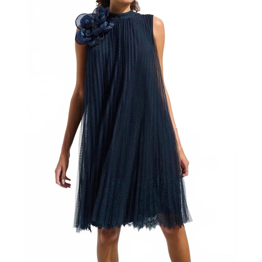 NEW JOSEPH RIBKOFF mesh and lace a-line dress with organza flower in midnight bl